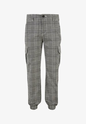 Pantaloni cargo gri cu carouri, cu o croială lejeră, dotati cu buzunare laterale, manșete elastice și închidere cu nasture, confecționați dintr-o țesătură netedă.