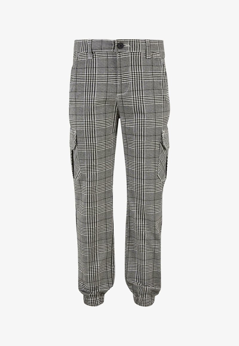Šedé kostkované cargo kalhoty s volným střihem, vybavené bočními kapsami, elastickými manžetami a zapínáním na knoflík, vyrobené z hladkého textilu.