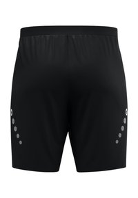 Zwarte sportshorts met een elastische tailleband, voorzien van reflecterende stippen aan de zijkanten en gemaakt van een gladde, lichte stof.