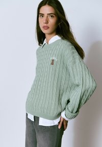 Mujer joven con un suéter de punto en cable verde claro con un emblema de perro, camisa blanca de cuello y jeans grises, de pie contra un fondo liso.