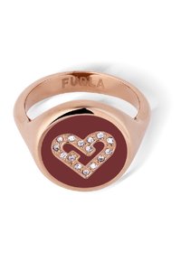 Roze gouden ring met een ronde gemarmerde inleg met een hartontwerp omrand door heldere kristallen. Gemerkt met "Furla" op de band.