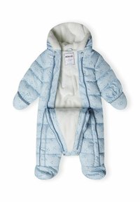 Lichtblauwe gevoerde sneeuwpak met zachte fleece voering, voorzien van geometrische patronen, drukknoopsluitingen en omklapbare wanten. Ontworpen voor baby's.