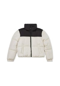 Kurtka puchowa z czarną górną częścią i kremowym dolnym segmentem, z wysokim kołnierzem, zamkiem z przodu oraz bocznymi kieszeniami z zatrzaskami.