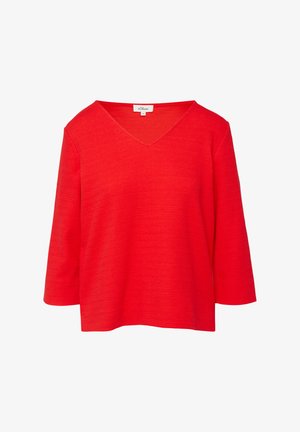 Suéter rojo de cuello en V con mangas tres cuartos, tejido texturizado, corte relajado y una etiqueta cosida en el escote.