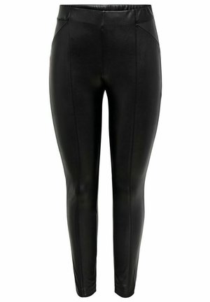 Črne legice iz umetnega usnja s tesnim fitom, ki imajo dva sprednja šiva in gladko, sijočo teksturo. Brez vidne strojne opreme ali vzorcev.