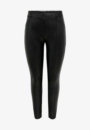 Crne tajice od umjetne kože s uskim fitom, s dva prednja šava i glatkom, sjajnom teksturom. Nema vidljivih metalnih dijelova ili uzoraka.