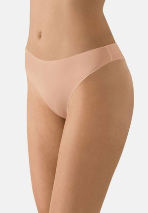 Hautfarbene Thong-Unterwäsche aus einem glatten, dehnbaren Stoff; mit einem tief taillierten Bund und einem minimalen Schnitt.
