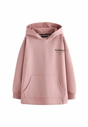 Sweatshirt à capuche rose en tissu doux, avec une poche avant, des manches longues et un imprimé logo noir sur la poitrine.