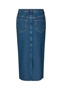 Mørkeblå denim midi skjørt, tettsittende i midjen, fem lommer, slitz bak, og ren søm detalj, med glatt tekstur og klassisk design.