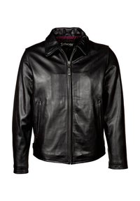 Schwarze Lederjacke mit einem Frontreißverschluss, spitzem Kragen, zwei Seitentaschen, glatter Textur und dezentem Logo auf der Brust.