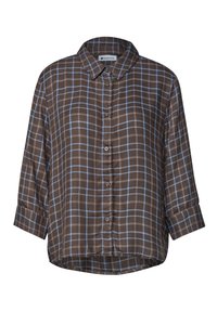 Chemise à manches longues à carreaux marron et bleu, avec boutons, col et poignets retroussés, présentée sur un fond blanc.
