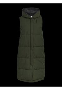 Veste à capuche longue en vert foncé ; design matelassé avec une texture lisse. Dotée de boutons-pression et d'un intérieur noir contrastant.