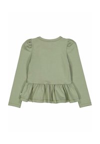 Pitkähihaista ykköstä pehmeässä oliivinvihreässä puuvillassa, jossa on puffi-hihat ja peplum-helma. Sujuva pinta ja ommeltu pääntie.