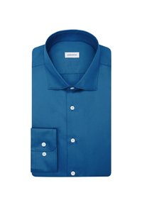 Blauwe, lange mouw shirt gemaakt van soepele stof, met een standaard kraag, knoopsluiting en een manchette met één knoop.