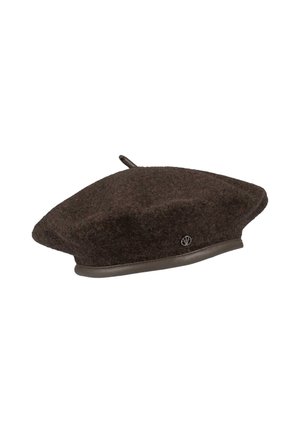 Brown felt beret with a rounded shape, leather band, and small logo detail on the side. Features a top tab for easy wear.