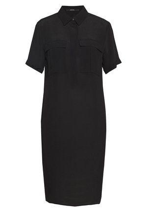 Schwarzes Kurzarm-Hemdkleid mit Kragen, zwei Brusttaschen mit Klappen und einer verdeckten Knopfleiste vorne.