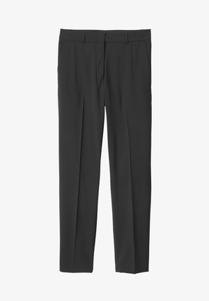 Mustat housut, jotka on valmistettu kudotusta kankaasta, jossa on litteä etuosa, kaksi sivutaskua ja suora lahjerakenne. Sujuva pinta ja istuva malli.