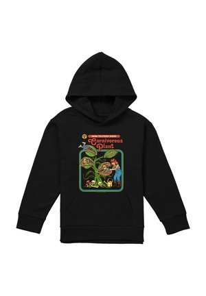 Schwarzer Hoodie mit einem Vintage-Grafikdruck einer Frau, die einer großen Venusfliegenfalle Knochen und Schädel füttert, betitelt mit "Wie man seine fleischfressende Pflanze füttert."