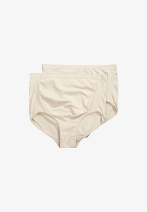 Beżowe bawełniane majtki o wysokim stanie, z gładką teksturą i elastycznym pasaem, prezentowane w opakowaniu po dwa, o prostym wzornictwie.
