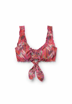 Multifarbener Bikini-Oberteil mit gerafftem Design, breiten Tragriemen und einer Krawatte mit Quastenakzenten. Hergestellt aus einem leichten, strukturierten Stoff.