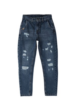 Pantalones vaqueros de denim azul con un corte suelto, que presentan detalles desgastados y desgarrones visibles. Diseño clásico de cinco bolsillos con cremallera y cierre de botón.