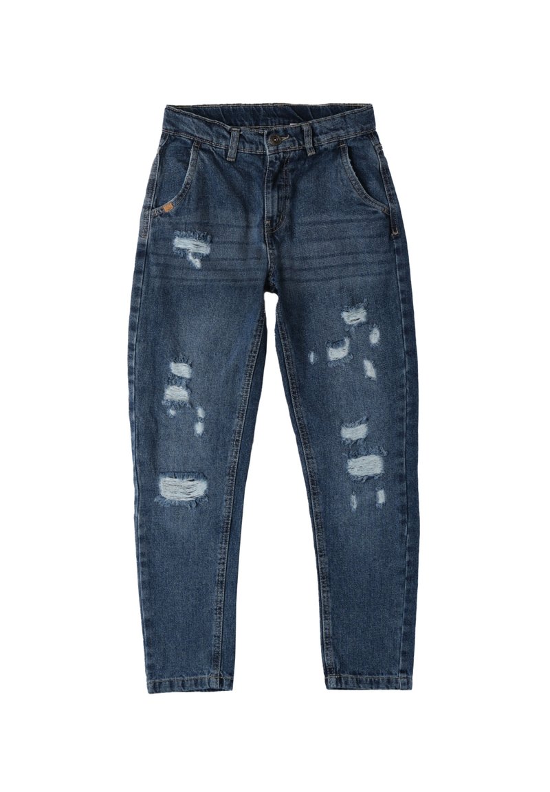 Pantalones vaqueros de denim azul con un corte suelto, que presentan detalles desgastados y desgarrones visibles. Diseño clásico de cinco bolsillos con cremallera y cierre de botón.