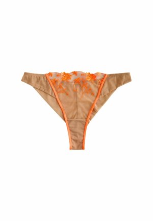 Beige g-streng med orange blomsterbroderi og detaljer af gennemsigtigt mesh-stof.