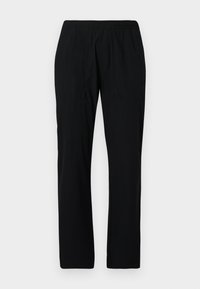 Black loose-fitting pants with an elastic waistband, two side pockets, and a smooth, lightweight fabric texture.