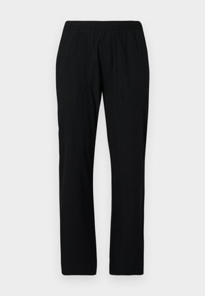Black loose-fitting pants with an elastic waistband, two side pockets, and a smooth, lightweight fabric texture.