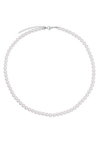 Collana di perle bianche con perle rotonde distribuite uniformemente. Chiusura a molla in argento con catena regolabile. Texture liscia e design classico.