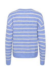Blauw en crèmekleurig gestreept sweater, gemaakt van zachte stof, met een ronde halslijn, lange mouwen en een ontspannen pasvorm.