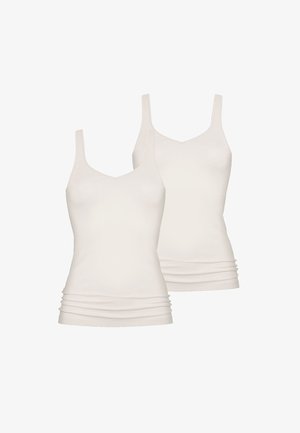 Zwei weiße Tanktops mit V-Ausschnitt, ärmellosem Stil und gerafften Details am Saum, aus weichem, elastischem Stoff hergestellt.