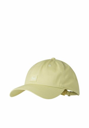 Gorra de béisbol de color amarillo claro con visera curva y tira ajustable, con un pequeño logo blanco de Buff en el panel frontal.