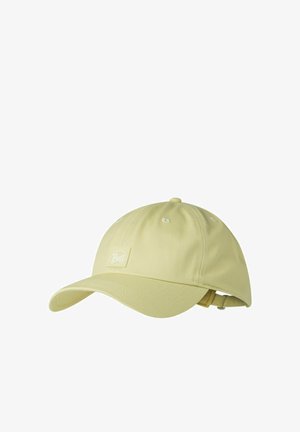 Gorra de béisbol de color amarillo claro con visera curva y tira ajustable, con un pequeño logo blanco de Buff en el panel frontal.