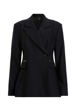 Blazer nero su misura con frontale doppiopetto, ampi rever e cerniere laterali. Presenta spalle strutturate e una silhouette aderente.
