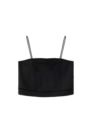 Haut court noir type camisole avec fines bretelles spaghetti et détails subtils de coutures verticales.