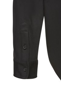 Black shirt sleeve featuring a reinforced cuff, two black buttons, and a smooth texture, with a subtle sheen on the fabric.