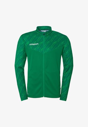 Green jacket made of smooth fabric with a high collar, featuring a diagonal pattern on the shoulders and a full zipper. Brand logo displayed.
