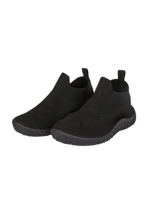 Black slip-on shoes with a textured knit upper and slightly raised ankle. Features a textured rubber sole for grip and durability.