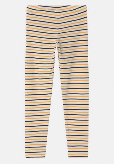 Leggings feitos de tecido macio, com listras horizontais em amarelo, azul-marinho e branco, com uma cintura elástica e um ajuste justo.