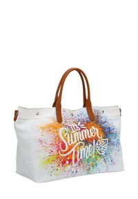Borsa a tracolla in tela con manici in pelle marrone. Sfondo bianco con macchie colorate e la frase "È tempo d'estate!" in caratteri grassetto.