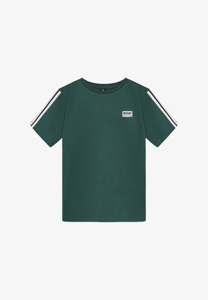 Zielona bawełniana koszulka z okrągłym dekoltem, krótkimi rękawami, białymi paskami na ramionach oraz małym logo marki z przodu.