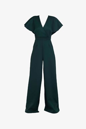 Grüner Jumpsuit mit kurzen, ausgestellten Ärmeln, tiefem V-Ausschnitt, taillierter Taille und weiten Hosenbeinen. Hergestellt aus einem glatten Stoff ohne sichtbare Hardware.