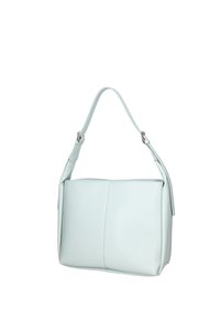 Borsa a tracolla in pelle azzurro chiaro con una texture liscia, di forma rettangolare e dotata di una tracolla di lunghezza media. Dettagli in metallo argentato.