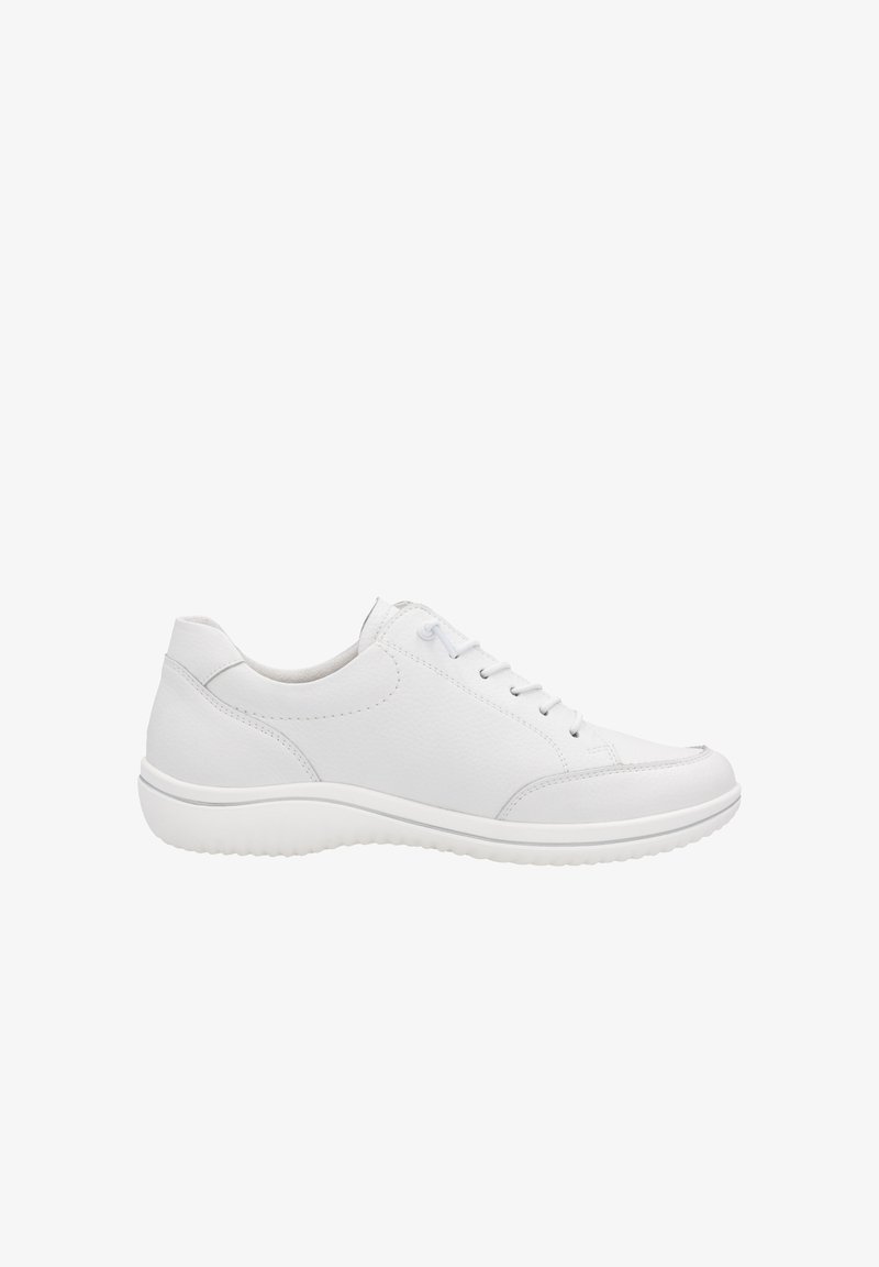 Baskets en cuir blanc avec une texture lisse, bout rond, six œillets et une semelle rembourrée. Design minimaliste avec des accents discrets.