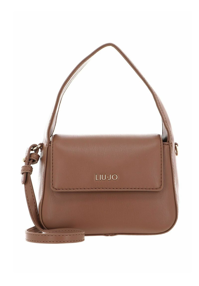 Sac à main en cuir marron à la silhouette structurée, doté d'une poignée supérieure et d'une bandoulière réglable. Ornementation en métal doré et logo sur le devant.