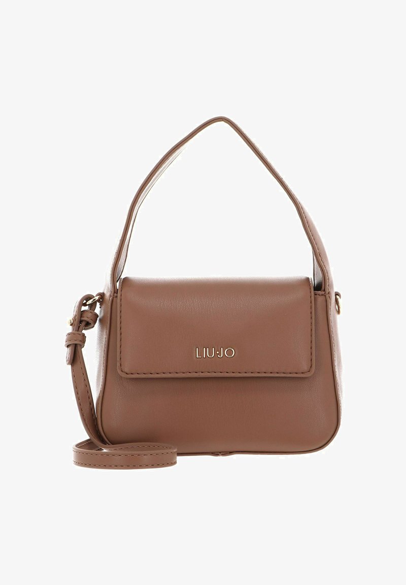 Sac à main en cuir marron à la silhouette structurée, doté d'une poignée supérieure et d'une bandoulière réglable. Ornementation en métal doré et logo sur le devant.