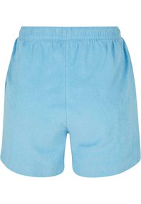 Short en éponge bleu clair avec taille élastique et poches latérales, montré de face sur fond blanc.