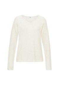 Helle beige Strickjacke mit V-Ausschnitt, langen Ärmeln, gerippten Bündchen und einem lässigen Schnitt. Weiche Textur und minimalistisches Design.