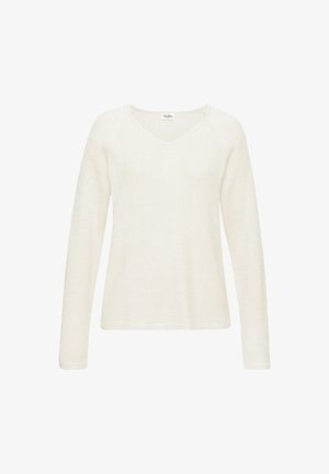 Helle beige Strickjacke mit V-Ausschnitt, langen Ärmeln, gerippten Bündchen und einem lässigen Schnitt. Weiche Textur und minimalistisches Design.